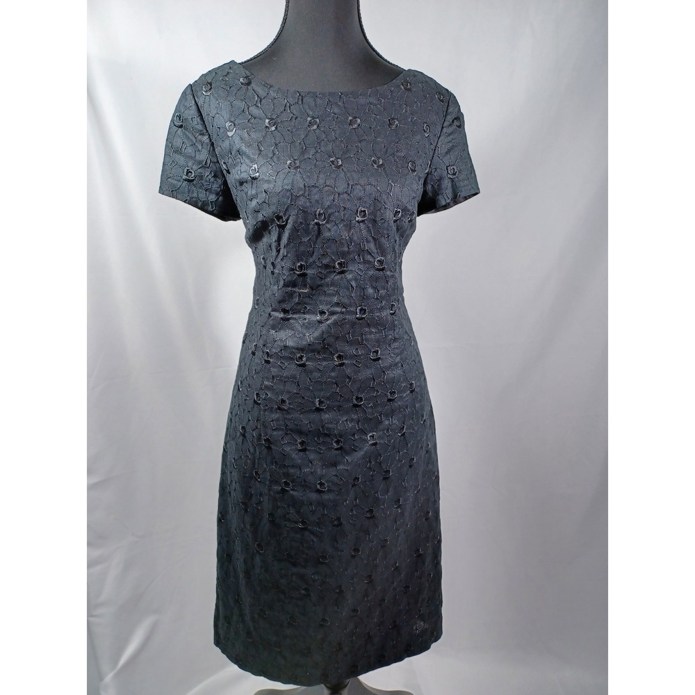 Talbots Size 6 Classic Black‎ Lace Sheath Dress Short Sleeve V Neck Knee Length